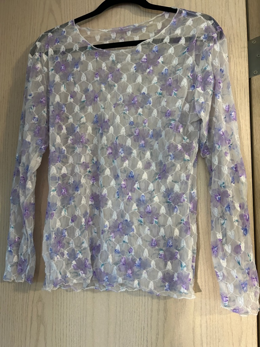 Sheer Floral Lace Long-Sleeve Top - Purple/White